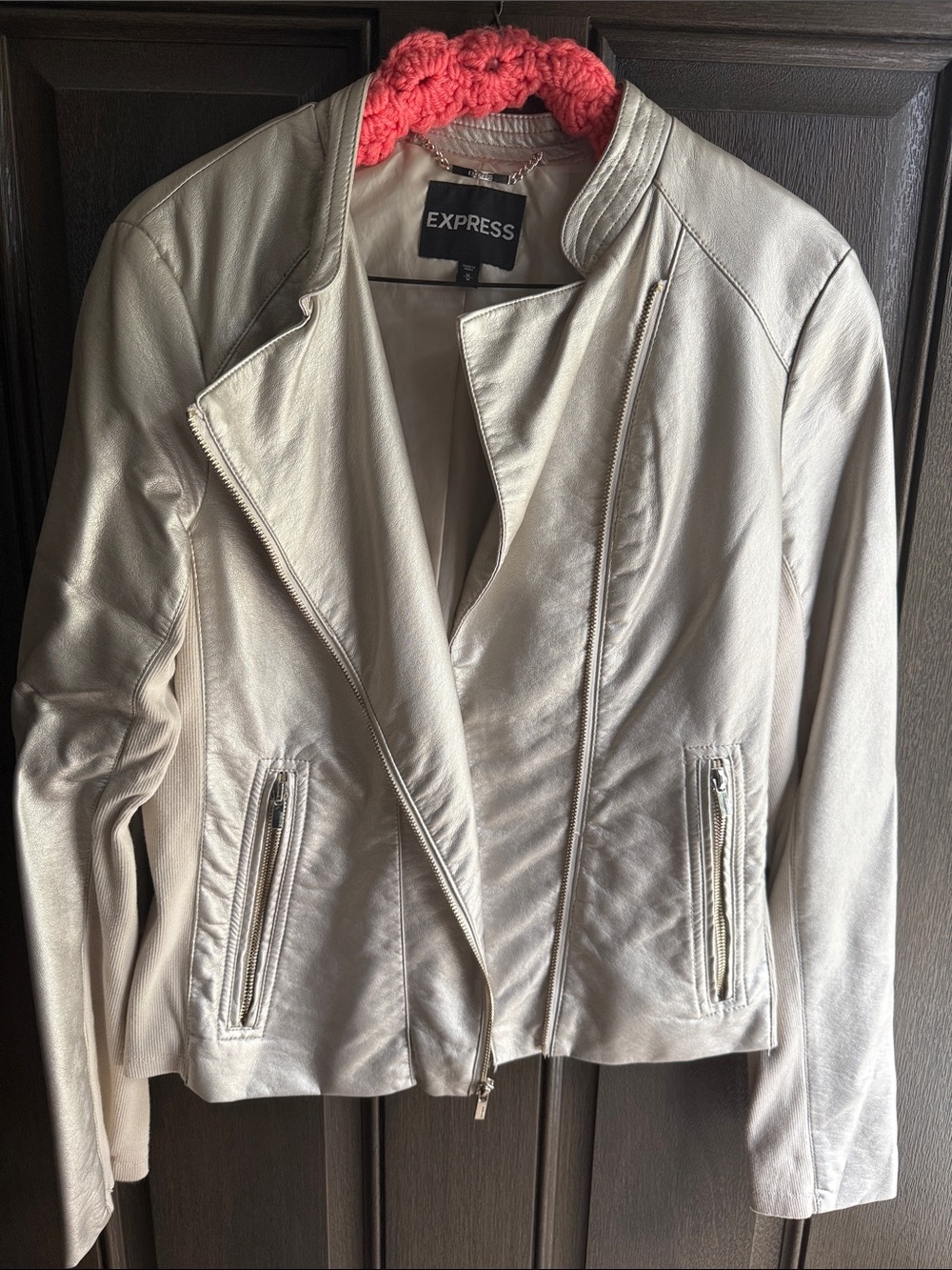 Express Cream Faux Leather Asymmetrical Zip Jacket